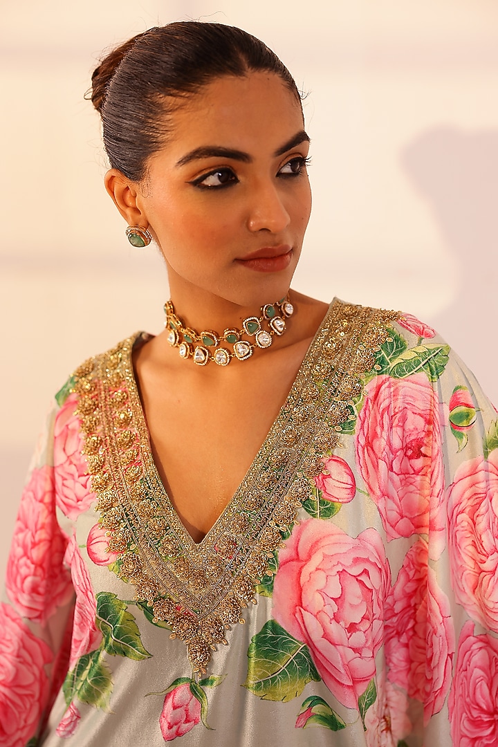 Mint Green-Pink Velvet Floral Hand Embroidered Kaftan by SANAM at Pernia's Pop Up Shop