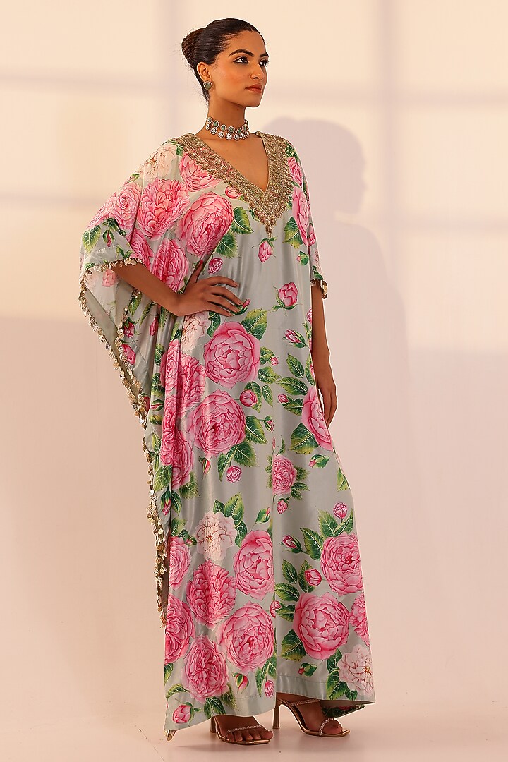 Mint Green-Pink Velvet Floral Hand Embroidered Kaftan by SANAM at Pernia's Pop Up Shop