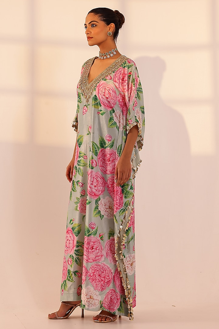 Mint Green-Pink Velvet Floral Hand Embroidered Kaftan by SANAM at Pernia's Pop Up Shop
