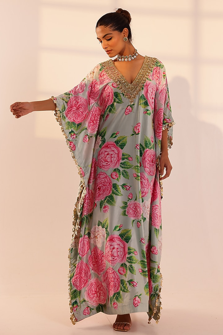 Mint Green-Pink Velvet Floral Hand Embroidered Kaftan by SANAM at Pernia's Pop Up Shop