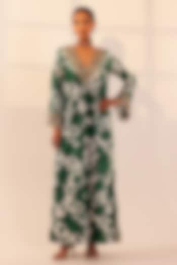 Green-White Velvet Floral Hand Embroidered Kaftan by SANAM at Pernia's Pop Up Shop