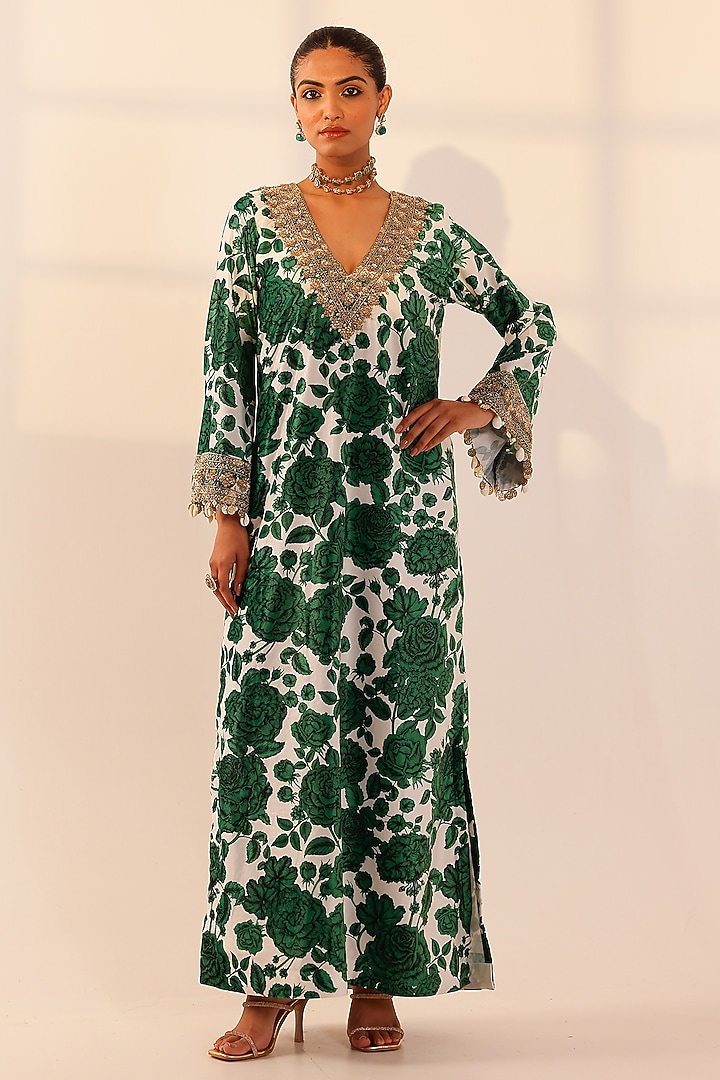 Green-White Velvet Floral Hand Embroidered Kaftan by SANAM at Pernia's Pop Up Shop