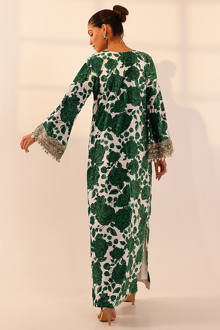 Green-White Velvet Floral Hand Embroidered Kaftan by SANAM at Pernia's Pop Up Shop