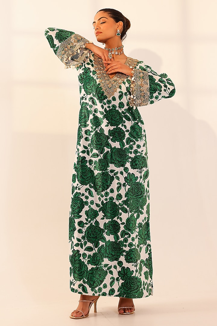 Green-White Velvet Floral Hand Embroidered Kaftan by SANAM at Pernia's Pop Up Shop