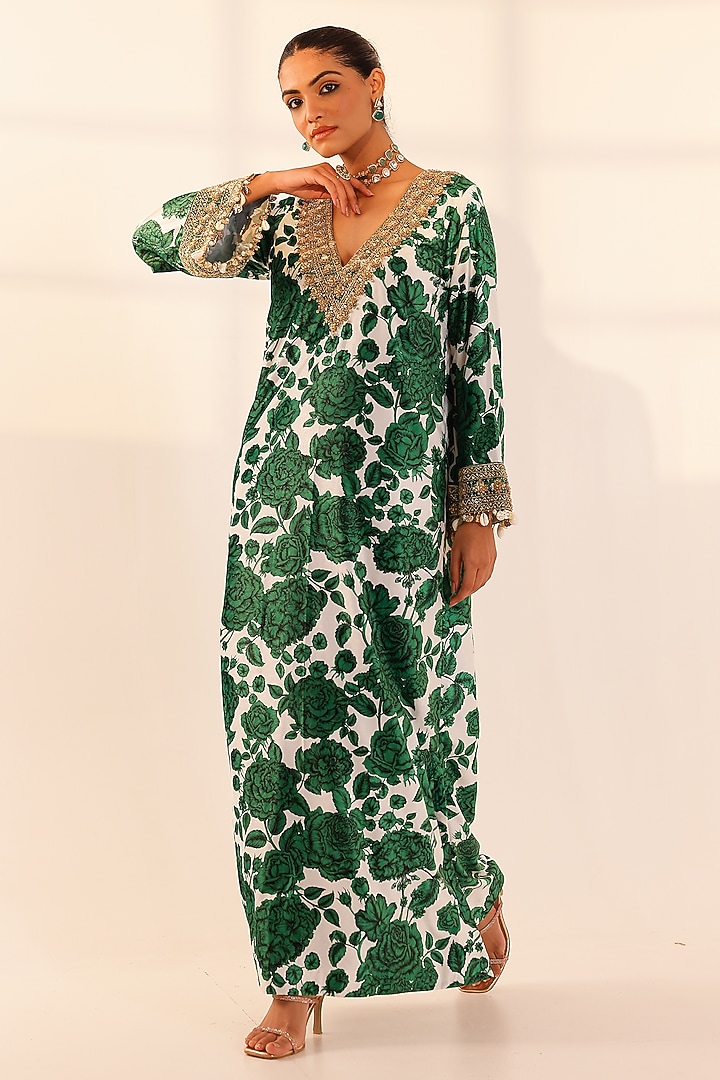 Green-White Velvet Floral Hand Embroidered Kaftan by SANAM at Pernia's Pop Up Shop