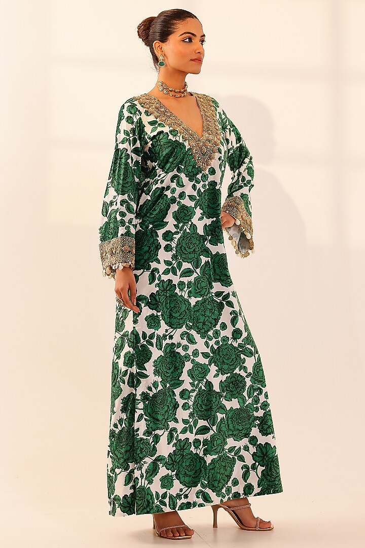 Green-White Velvet Floral Hand Embroidered Kaftan by SANAM at Pernia's Pop Up Shop
