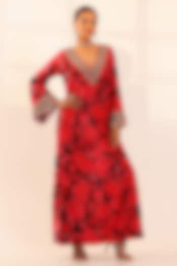 Red & Black Velvet Floral Hand Embroidered Kaftan Dress by SANAM at Pernia's Pop Up Shop