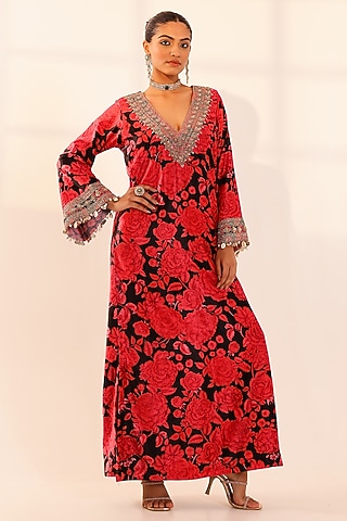 Red & Black Velvet Floral Hand Embroidered Kaftan Dress by SANAM
