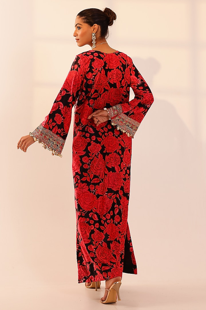 Red & Black Velvet Floral Hand Embroidered Kaftan Dress by SANAM at Pernia's Pop Up Shop