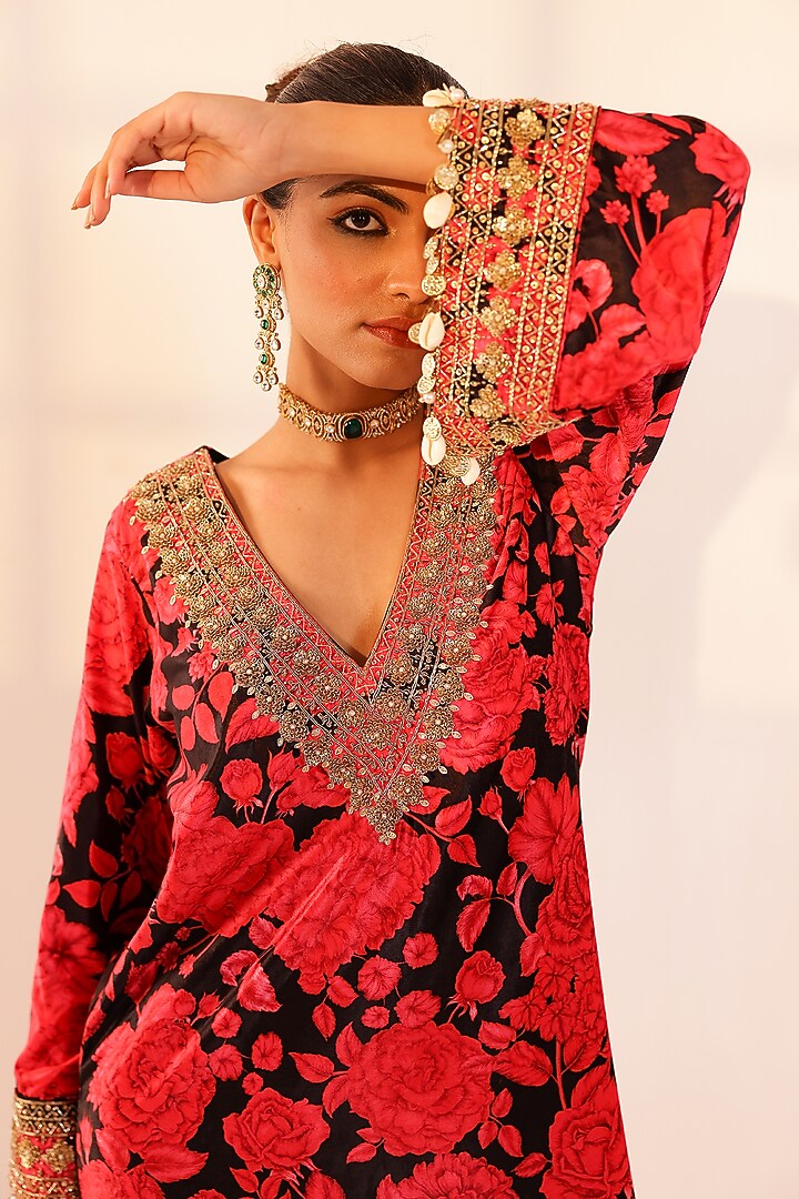 Red & Black Velvet Floral Hand Embroidered Kaftan Dress by SANAM at Pernia's Pop Up Shop