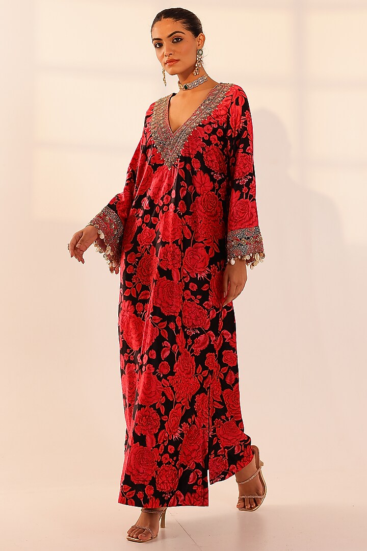 Red & Black Velvet Floral Hand Embroidered Kaftan Dress by SANAM at Pernia's Pop Up Shop