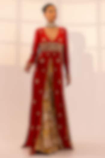 Red Velvet Zardosi Embroidered Kurta Set by SANAM at Pernia's Pop Up Shop