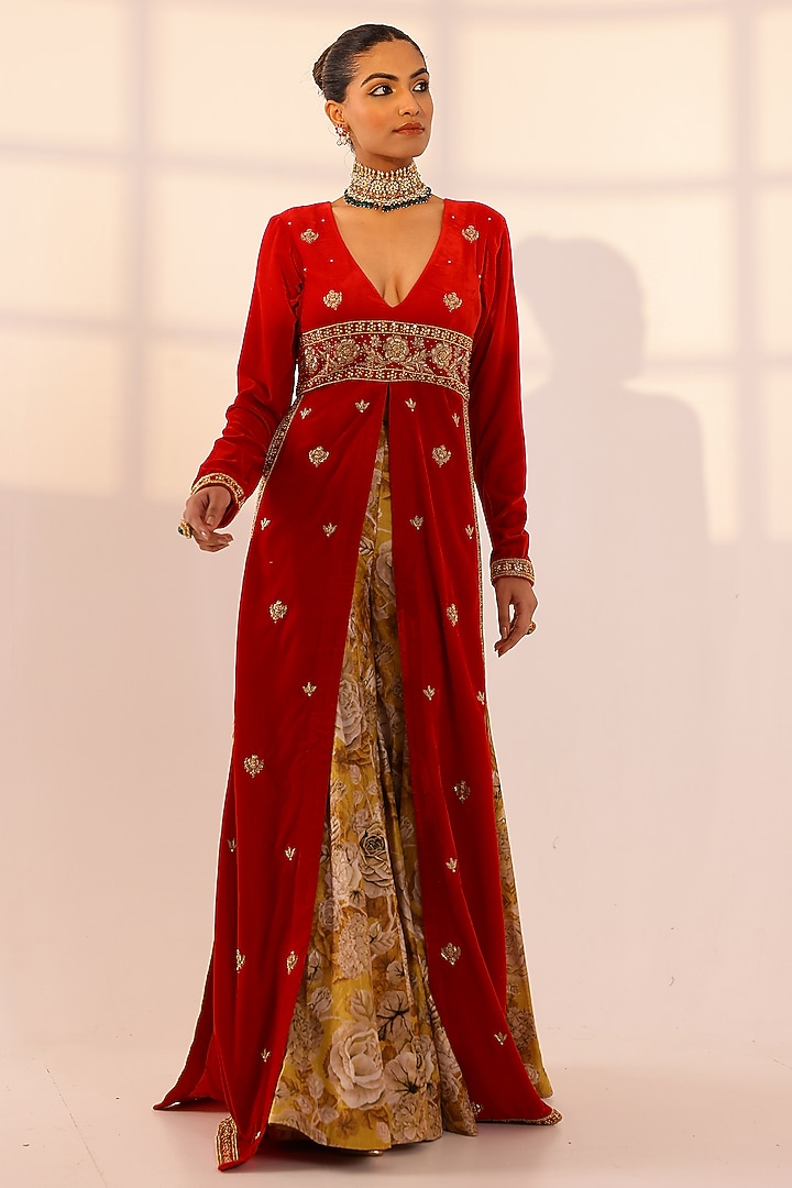 Red Velvet Zardosi Embroidered Kurta Set by SANAM at Pernia's Pop Up Shop