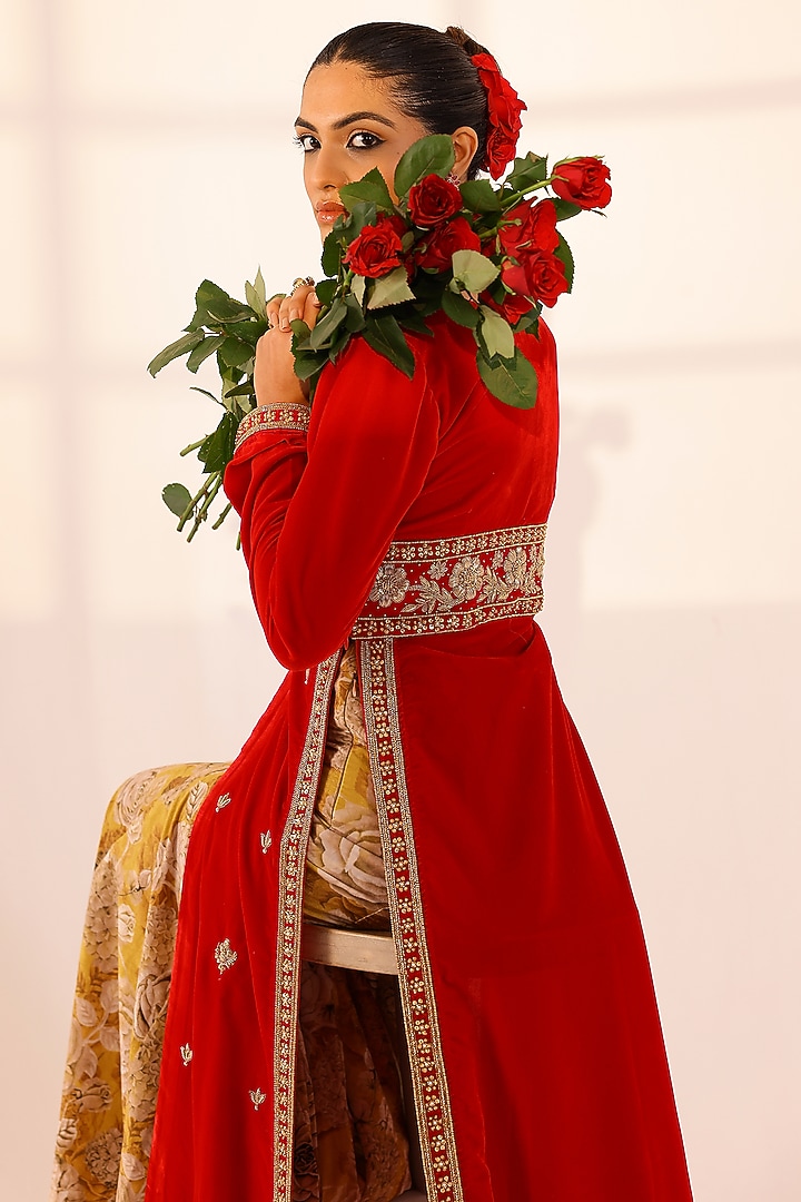 Red Velvet Zardosi Embroidered Kurta Set by SANAM at Pernia's Pop Up Shop