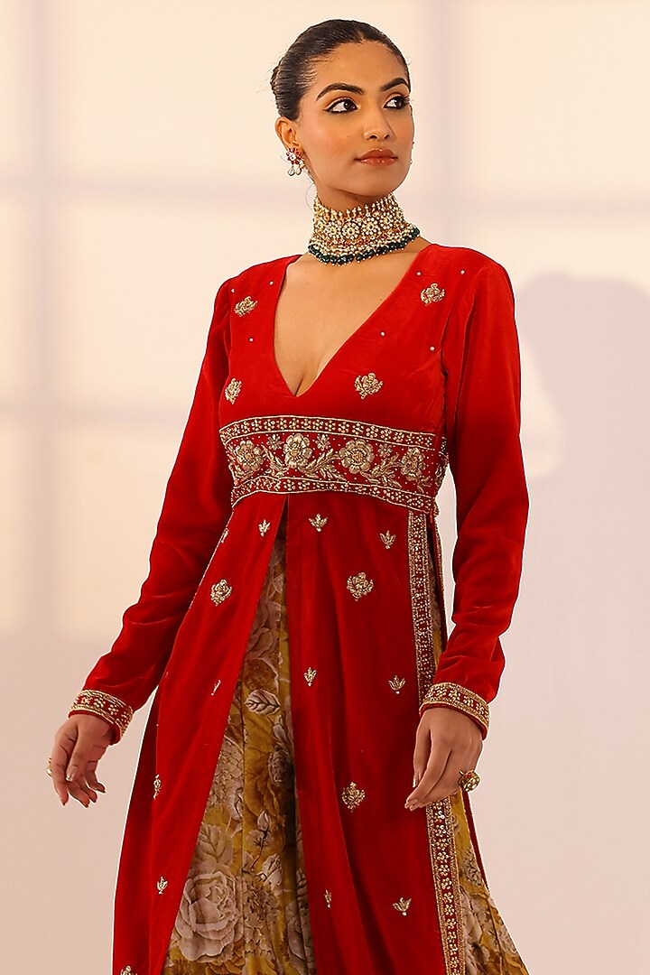 Red Velvet Zardosi Embroidered Kurta Set by SANAM at Pernia's Pop Up Shop