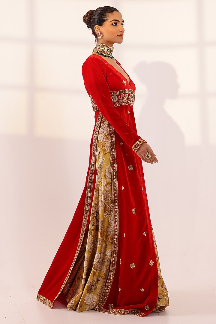 Red Velvet Zardosi Embroidered Kurta Set by SANAM at Pernia's Pop Up Shop