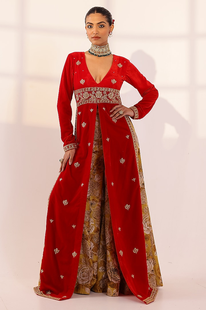 Red Velvet Zardosi Embroidered Kurta Set by SANAM at Pernia's Pop Up Shop