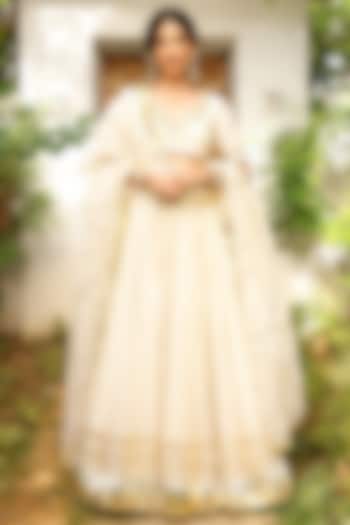 Ivory Soft Chanderi Zardosi & Mirror Embroidered Kalidar Lehenga Set by SANAM at Pernia's Pop Up Shop