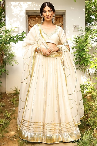 Ivory Soft Chanderi Zardosi & Mirror Embroidered Kalidar Lehenga Set by SANAM