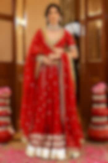 Red Soft Chanderi Zardosi & Mirror Embroidered Kalidar Lehenga Set by SANAM at Pernia's Pop Up Shop