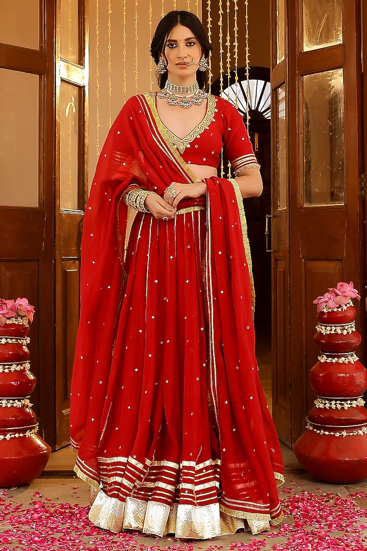 Red Soft Chanderi Zardosi & Mirror Embroidered Kalidar Lehenga Set by SANAM at Pernia's Pop Up Shop