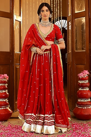 Red Soft Chanderi Zardosi & Mirror Embroidered Kalidar Lehenga Set by SANAM