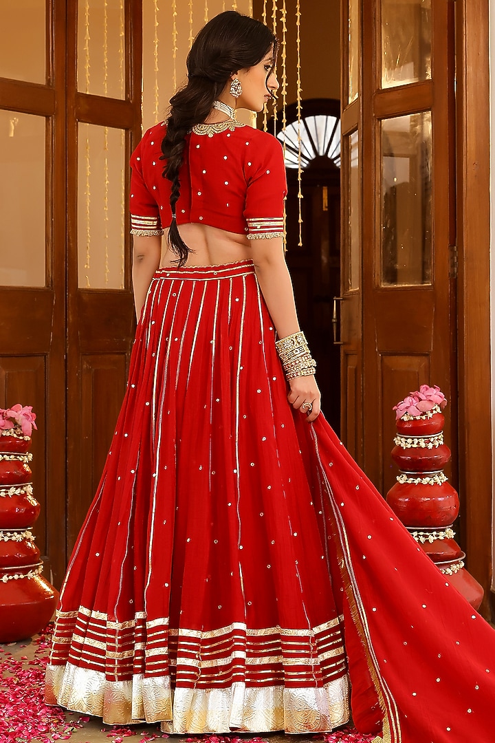 Red Soft Chanderi Zardosi & Mirror Embroidered Kalidar Lehenga Set by SANAM at Pernia's Pop Up Shop