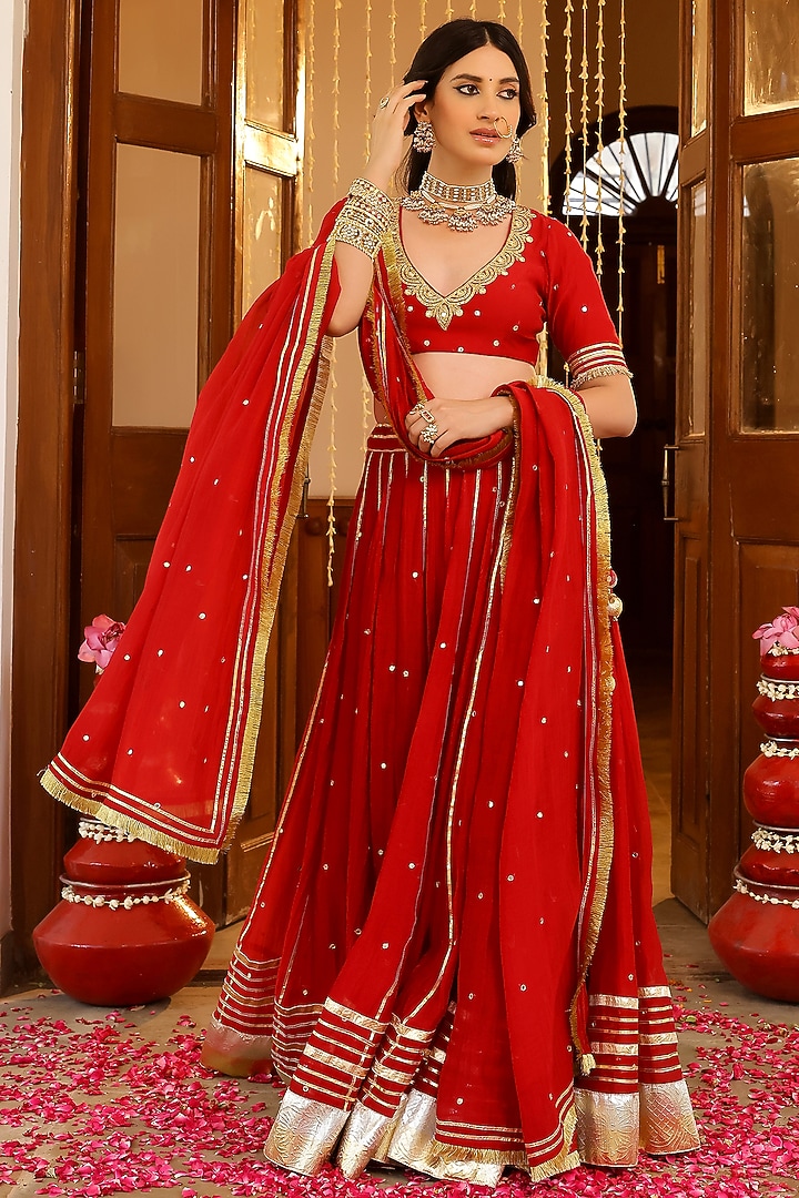 Red Soft Chanderi Zardosi & Mirror Embroidered Kalidar Lehenga Set by SANAM at Pernia's Pop Up Shop