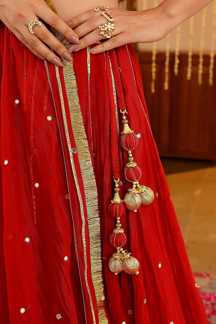 Red Soft Chanderi Zardosi & Mirror Embroidered Kalidar Lehenga Set by SANAM at Pernia's Pop Up Shop