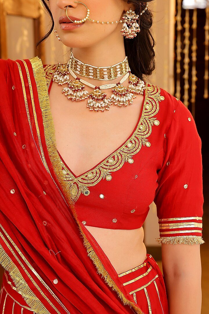Red Soft Chanderi Zardosi & Mirror Embroidered Kalidar Lehenga Set by SANAM at Pernia's Pop Up Shop