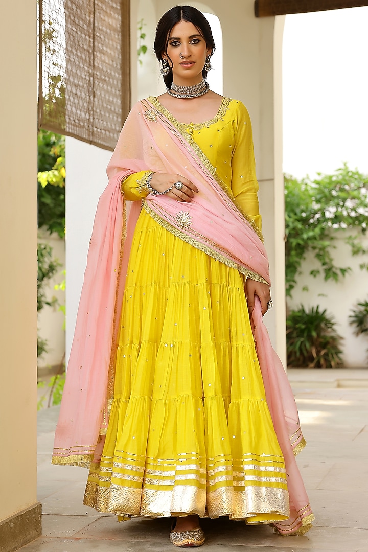 Yellow Soft Chanderi Gota Hand Embroidered Tiered Party Wear Anarkali Set by SANAM at Pernia's Pop Up Shop
