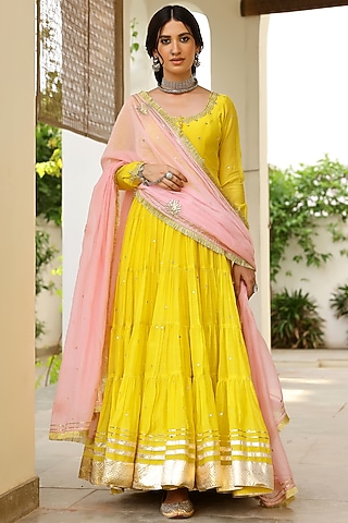 Yellow Soft Chanderi Gota Hand Embroidered Tiered Anarkali Set by SANAM