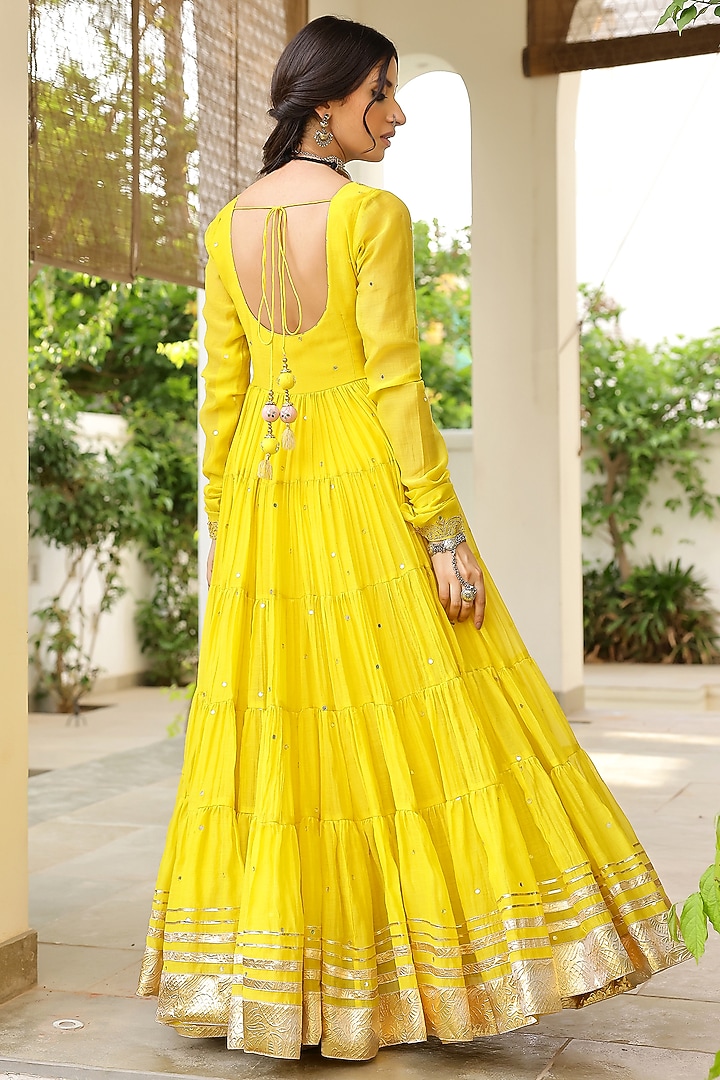 Yellow Soft Chanderi Gota Hand Embroidered Tiered Party Wear Anarkali Set by SANAM at Pernia's Pop Up Shop