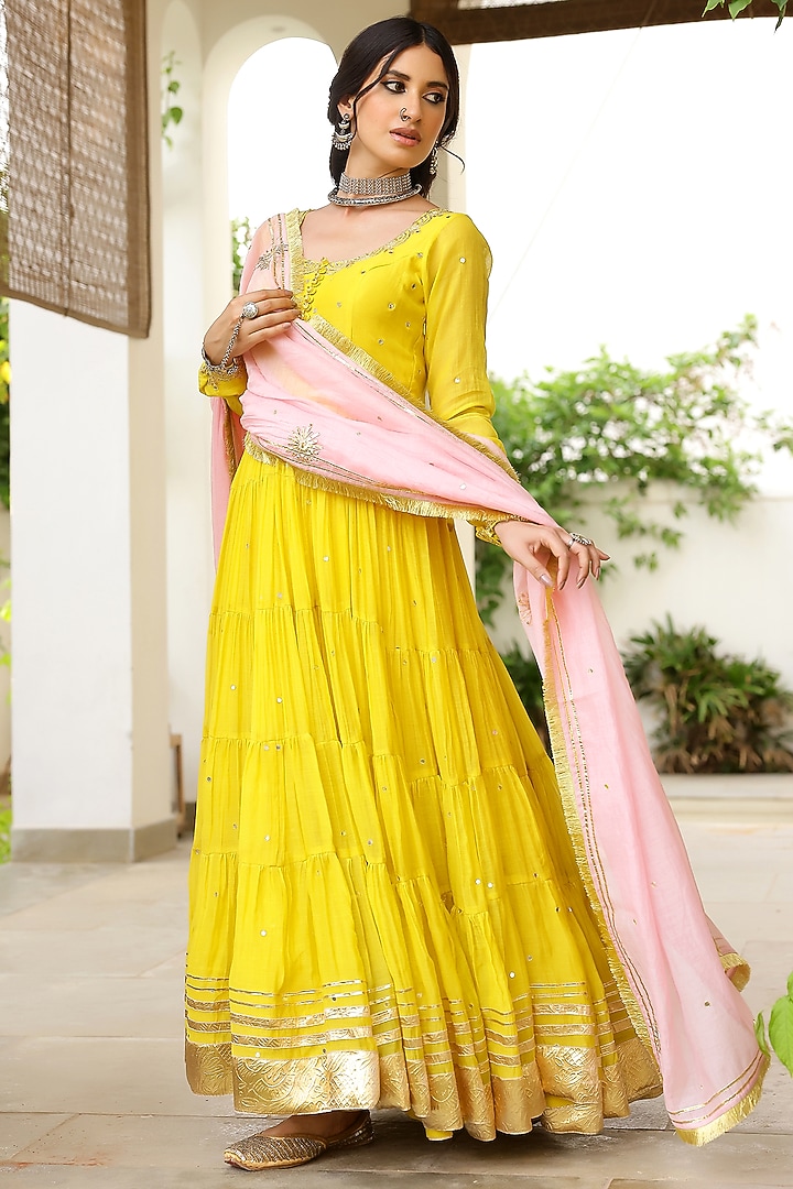 Yellow Soft Chanderi Gota Hand Embroidered Tiered Party Wear Anarkali Set by SANAM at Pernia's Pop Up Shop