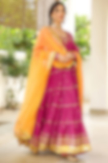 Rani Pink Soft Chanderi Gota Hand Embroidered Tiered Party Wear Anarkali Set by SANAM at Pernia's Pop Up Shop