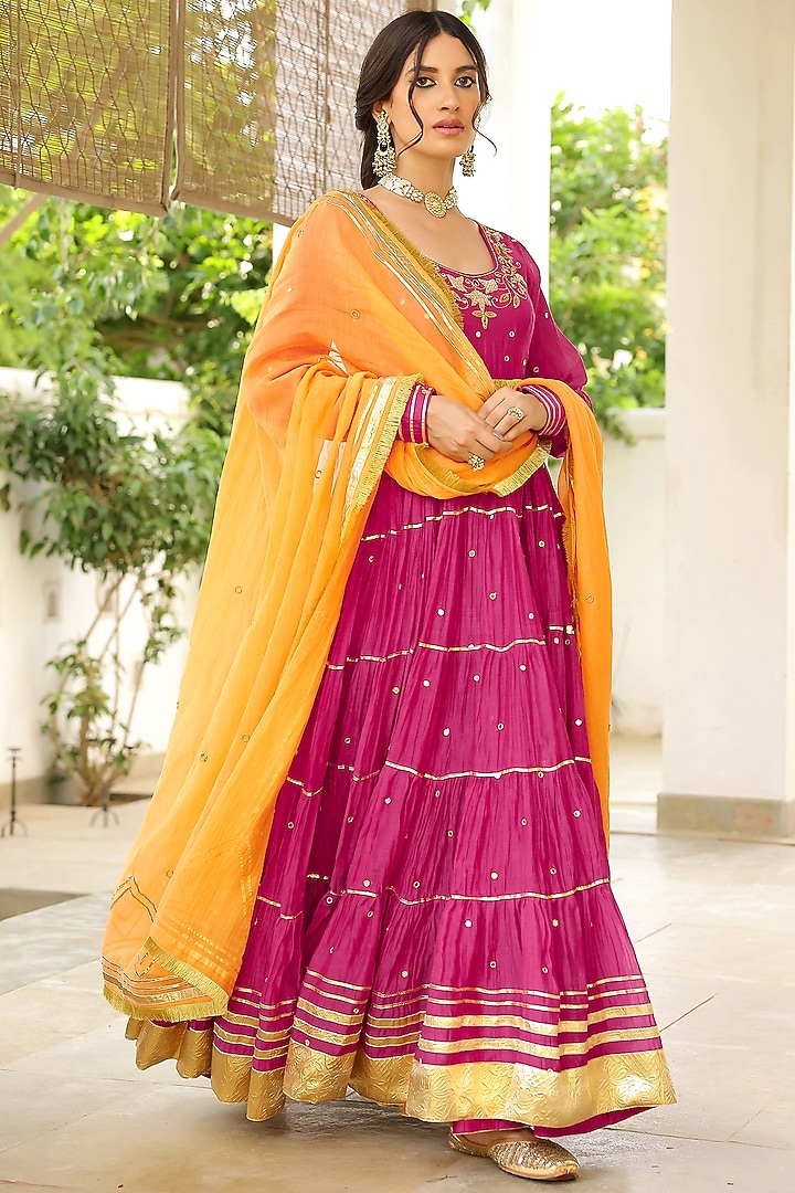 Rani Pink Soft Chanderi Gota Hand Embroidered Tiered Party Wear Anarkali Set by SANAM at Pernia's Pop Up Shop