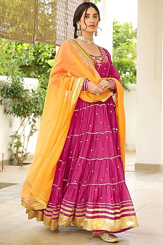 Rani Pink Soft Chanderi Gota Hand Embroidered Tiered Anarkali Set by SANAM