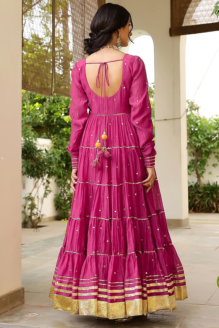 Rani Pink Soft Chanderi Gota Hand Embroidered Tiered Party Wear Anarkali Set by SANAM at Pernia's Pop Up Shop