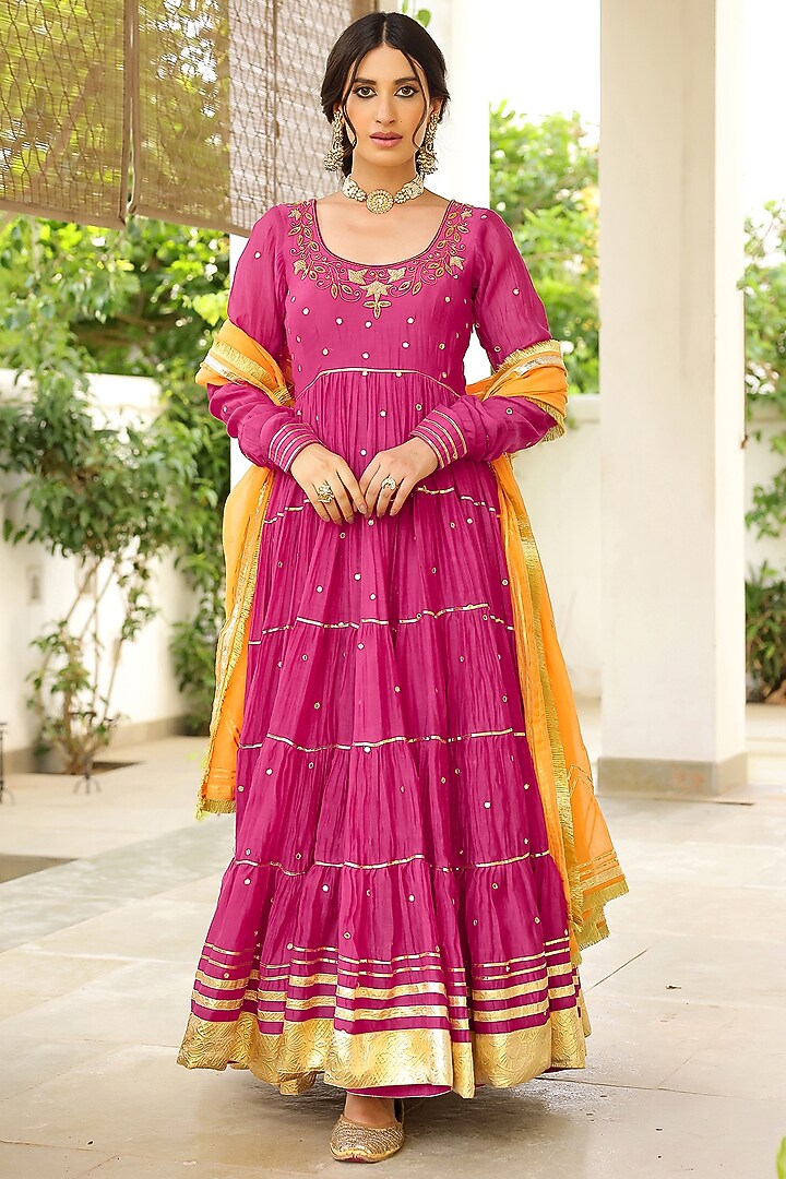 Rani Pink Soft Chanderi Gota Hand Embroidered Tiered Party Wear Anarkali Set by SANAM at Pernia's Pop Up Shop