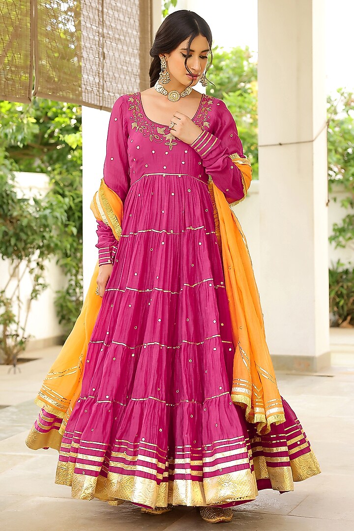 Rani Pink Soft Chanderi Gota Hand Embroidered Tiered Party Wear Anarkali Set by SANAM at Pernia's Pop Up Shop