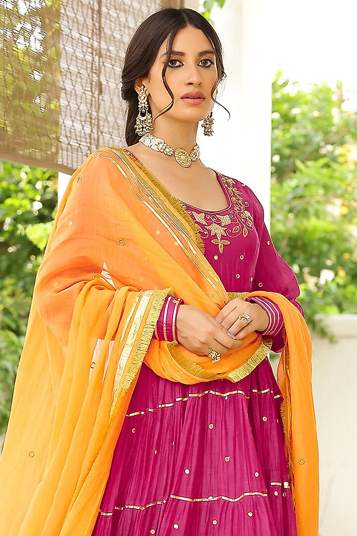 Rani Pink Soft Chanderi Gota Hand Embroidered Tiered Party Wear Anarkali Set by SANAM at Pernia's Pop Up Shop