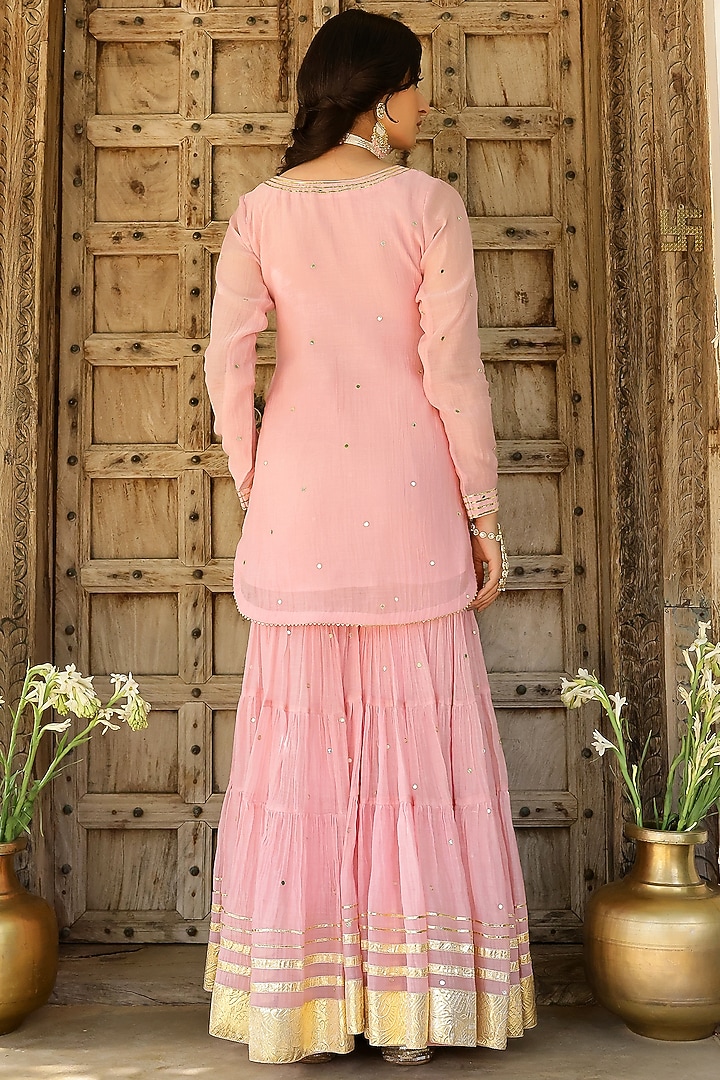 Baby Pink Soft Chanderi Mirror Work Party Wear Sharara Set by SANAM at Pernia's Pop Up Shop