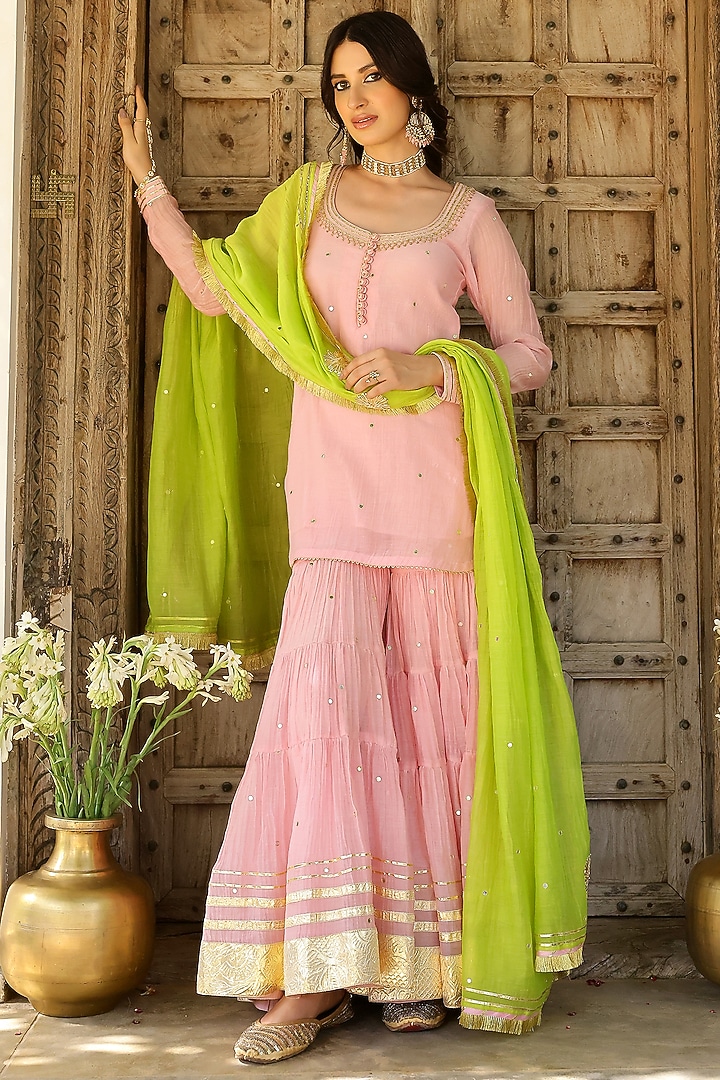 Baby Pink Soft Chanderi Mirror Work Party Wear Sharara Set by SANAM at Pernia's Pop Up Shop