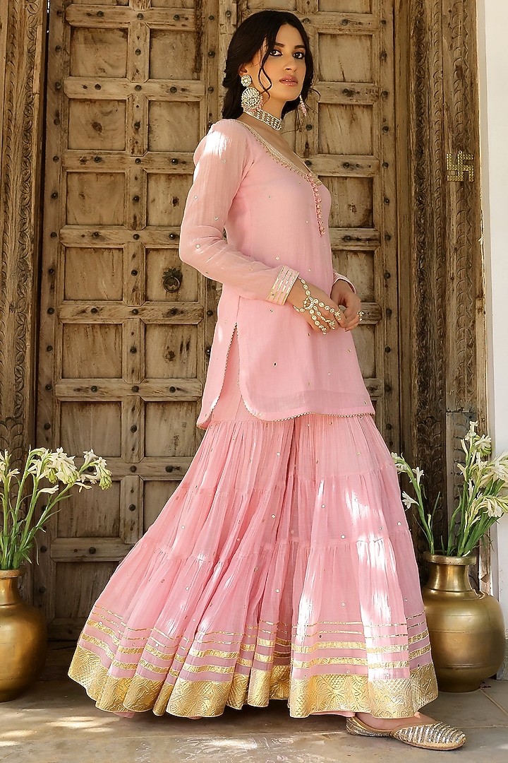 Baby Pink Soft Chanderi Mirror Work Party Wear Sharara Set by SANAM at Pernia's Pop Up Shop