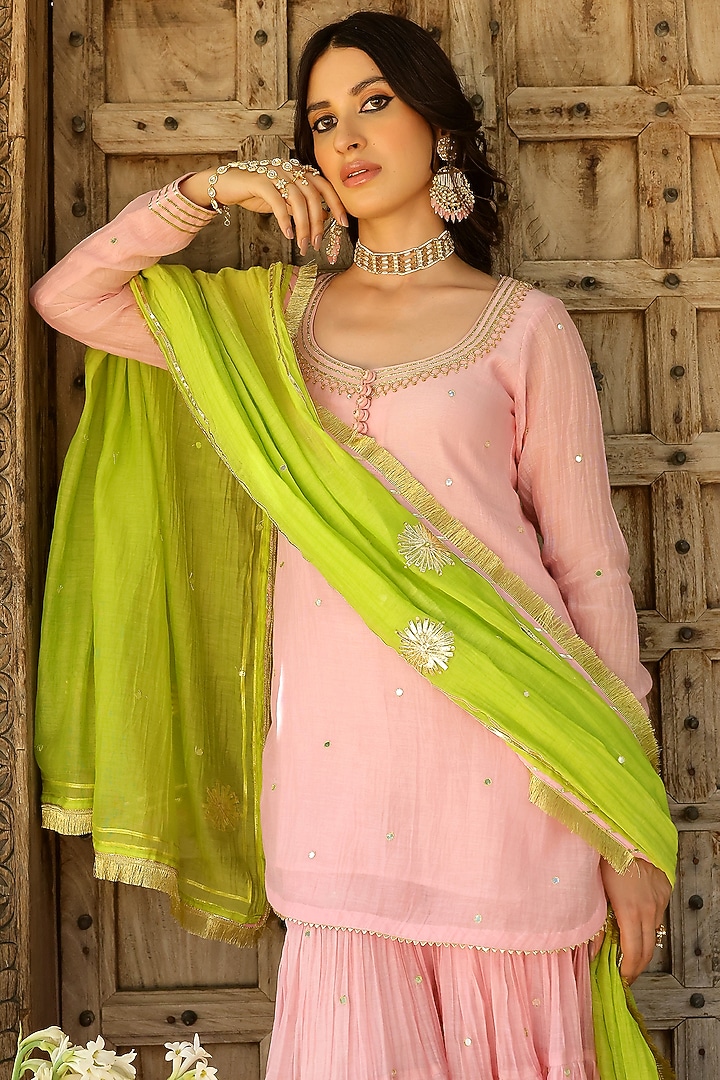 Baby Pink Soft Chanderi Mirror Work Party Wear Sharara Set by SANAM at Pernia's Pop Up Shop