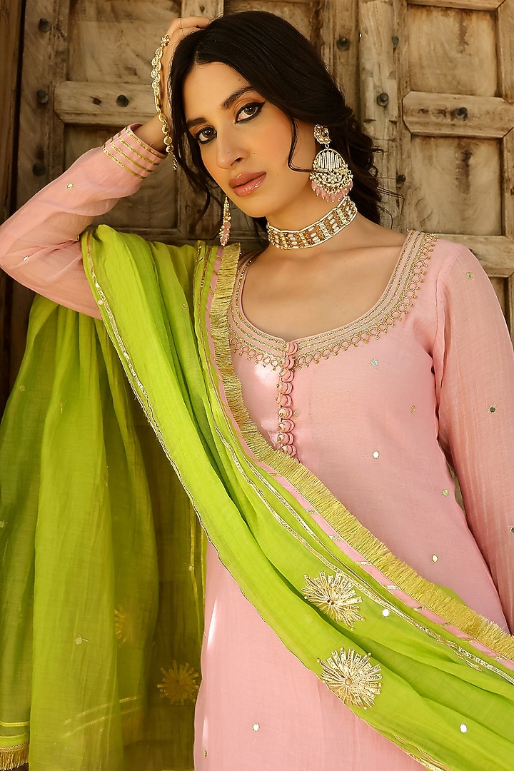 Baby Pink Soft Chanderi Mirror Work Party Wear Sharara Set by SANAM at Pernia's Pop Up Shop