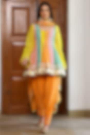 Multi-Colored Soft Chanderi Aari & Gota Embroidered Kurta Set by SANAM at Pernia's Pop Up Shop