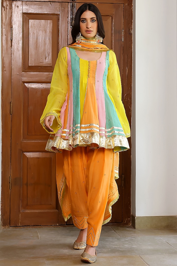 Multi-Colored Soft Chanderi Aari & Gota Embroidered Kurta Set by SANAM at Pernia's Pop Up Shop