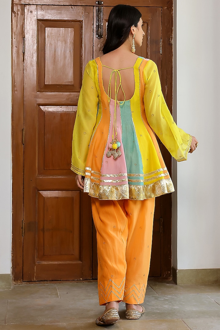 Multi-Colored Soft Chanderi Aari & Gota Embroidered Kurta Set by SANAM at Pernia's Pop Up Shop