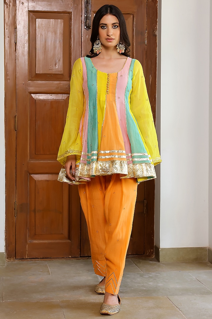 Multi-Colored Soft Chanderi Aari & Gota Embroidered Kurta Set by SANAM at Pernia's Pop Up Shop